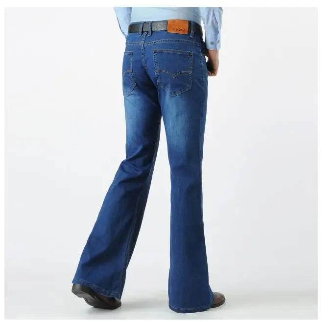 Spring Men Jeans Vintage Flare Long Denim Pants Blue Trouser 80s Slim