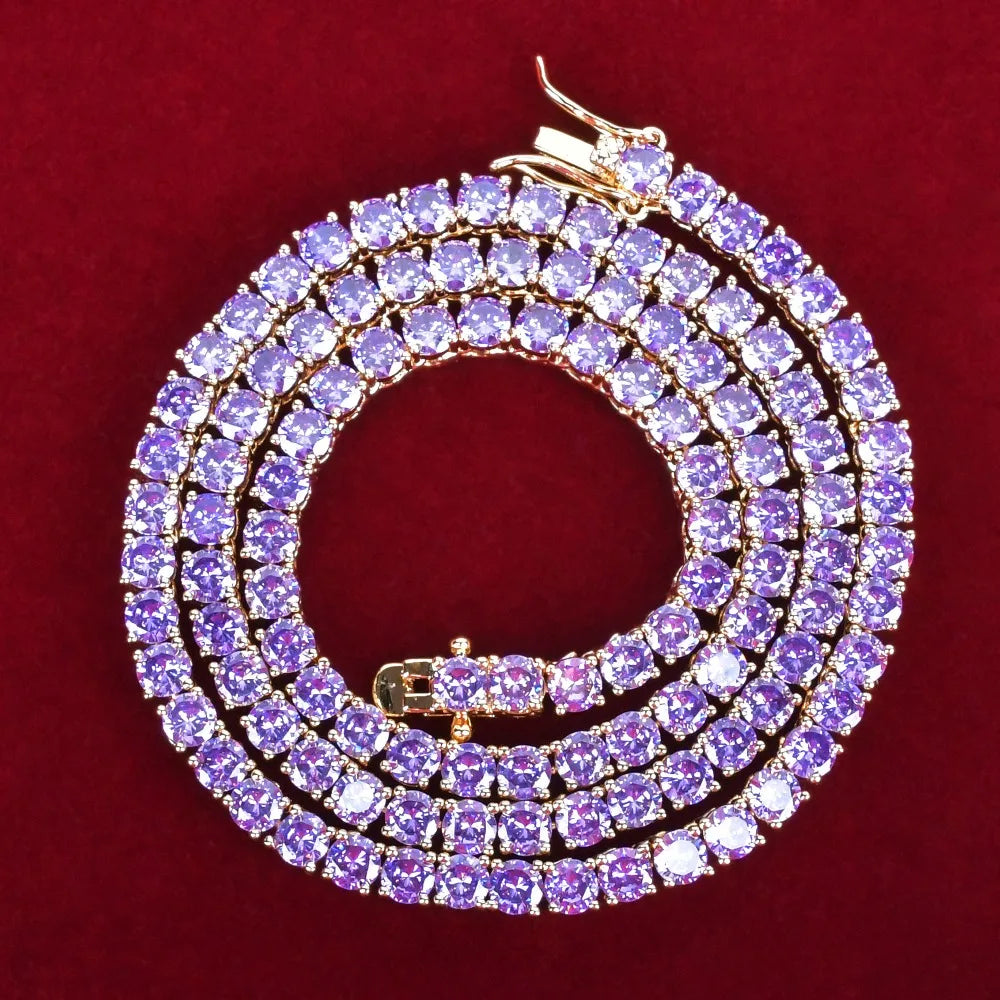 Purple Tennis Chain Necklace Hip Hop Rock Street Jewelry AAAAA Cubic Zirconia 24K Real Gold Color Plated