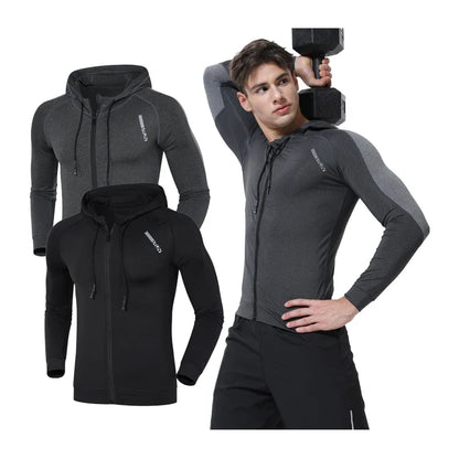 Men Running Sports Jackets Gym Training Zipper Slim Hiking Sweatshirts Comfortable Elastic Quick Dry Fitness Long Sleeve Hooded