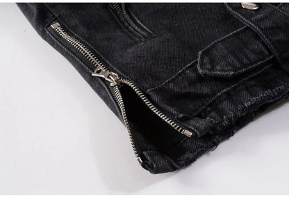 Men's Zippers Black Biker Jean Jacket Streetwear Thick Denim Slim Coat with Belt High Quality