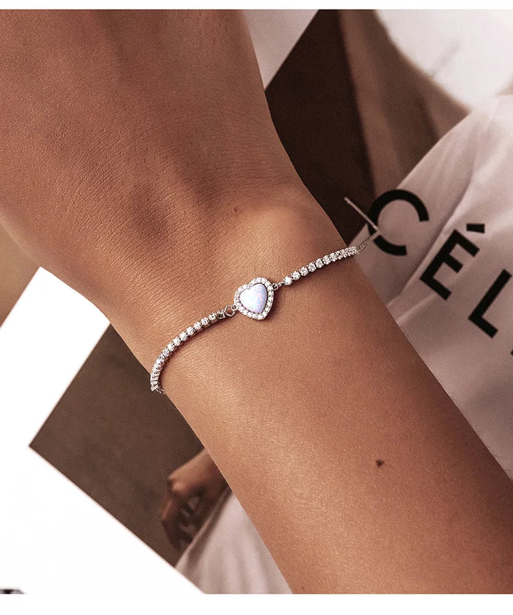 Authentic 925 Sterling Silver Opal Heart-Shaped Pendant Bracelet Fit Women Sterling Silver Jewelry Gift