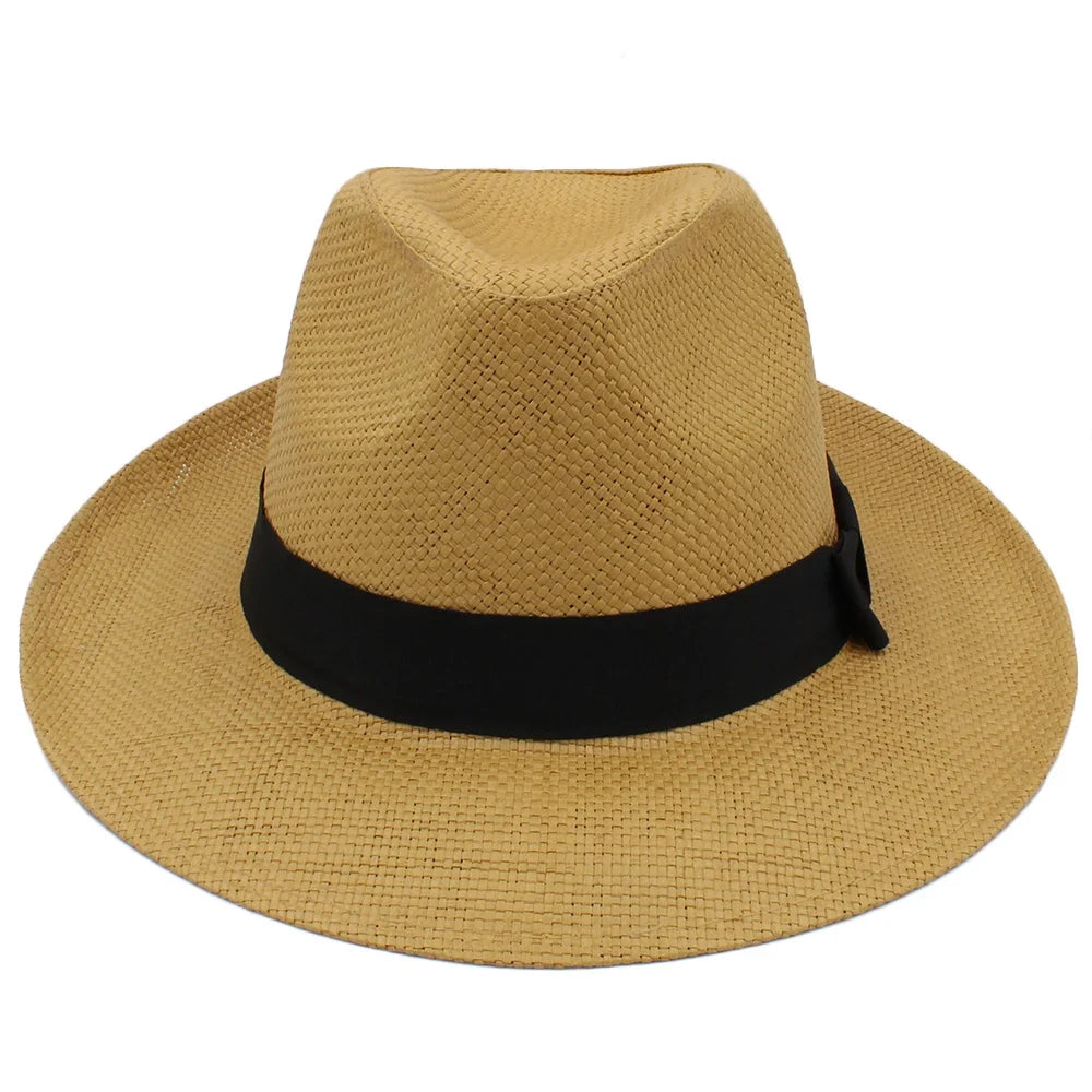 Men Women Straw Panama Hats Summer Fedora Sunhats Bowtie Band Party Trilby Caps Outdoor Sombrero Travel Size US 7 1/4 UK L