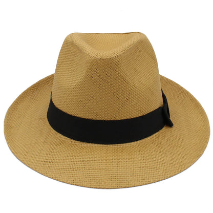 Men Women Straw Panama Hats Summer Fedora Sunhats Bowtie Band Party Trilby Caps Outdoor Sombrero Travel Size US 7 1/4 UK L