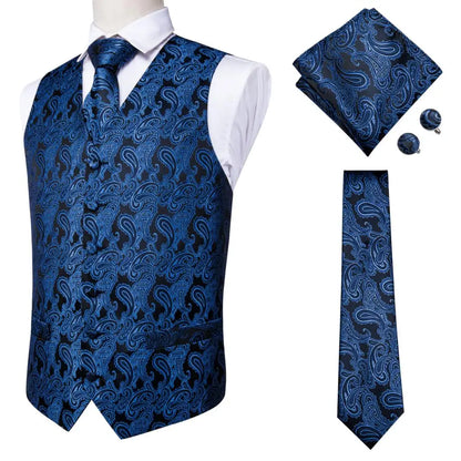 Navy Blue Mens Vest Formal Paisley Waistcoat Jacket Tie Handkerchief Cufflinks Set For Male Dress Suit Wedding Party