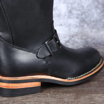 Luxury Men Work Genuine Leather High Top Boots Slip-On Biker Knight Boots Winter Mid-Calf Boots Zapatos De Hombre Work Shoes