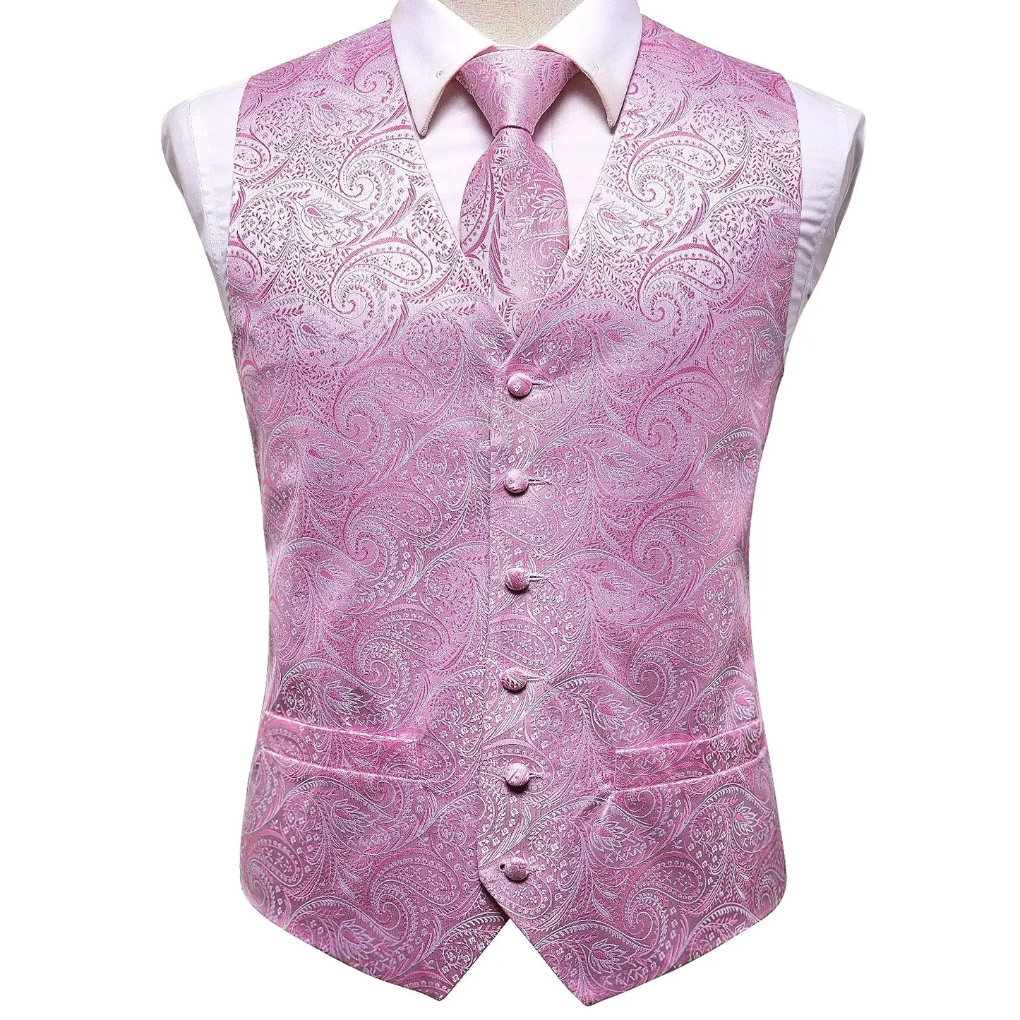 Luxury Silk Mens Vests Rose Gold Pink Striped Waistcoat Necktie Bowtie Hanky Cufflinks Set Waist Jacket For Men Wedding