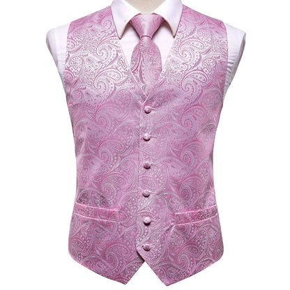 Luxury Silk Mens Vests Rose Gold Pink Striped Waistcoat Necktie Bowtie Hanky Cufflinks Set Waist Jacket For Men Wedding