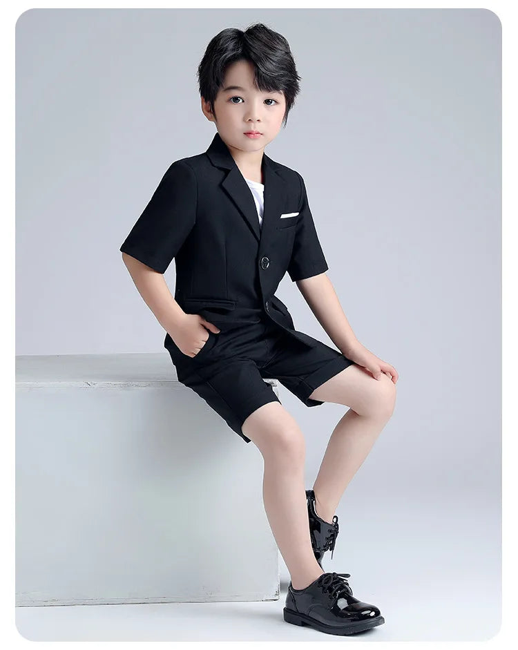 Boys Summer Blazer Jacket +Shorts 2PCS Clothing Set School Kids Wedding Tuxedo Dress Children Chorus Performance Dress Costume