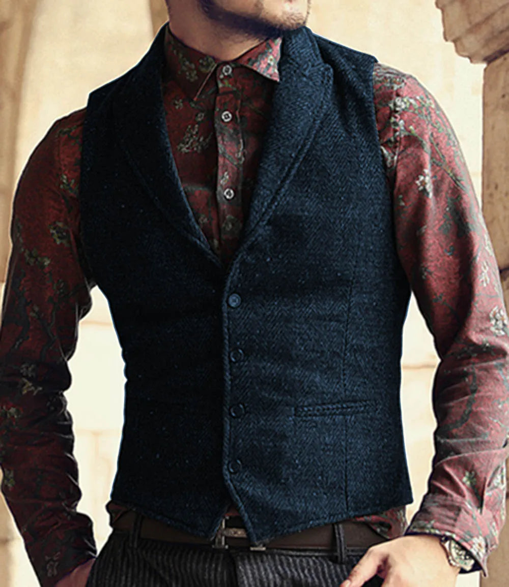 Men's Classic Suit Vest Herringbone Pattern Business Waistcoat Notch Lapel Wool Tweed Groomsmen Waistcoat For Wedding