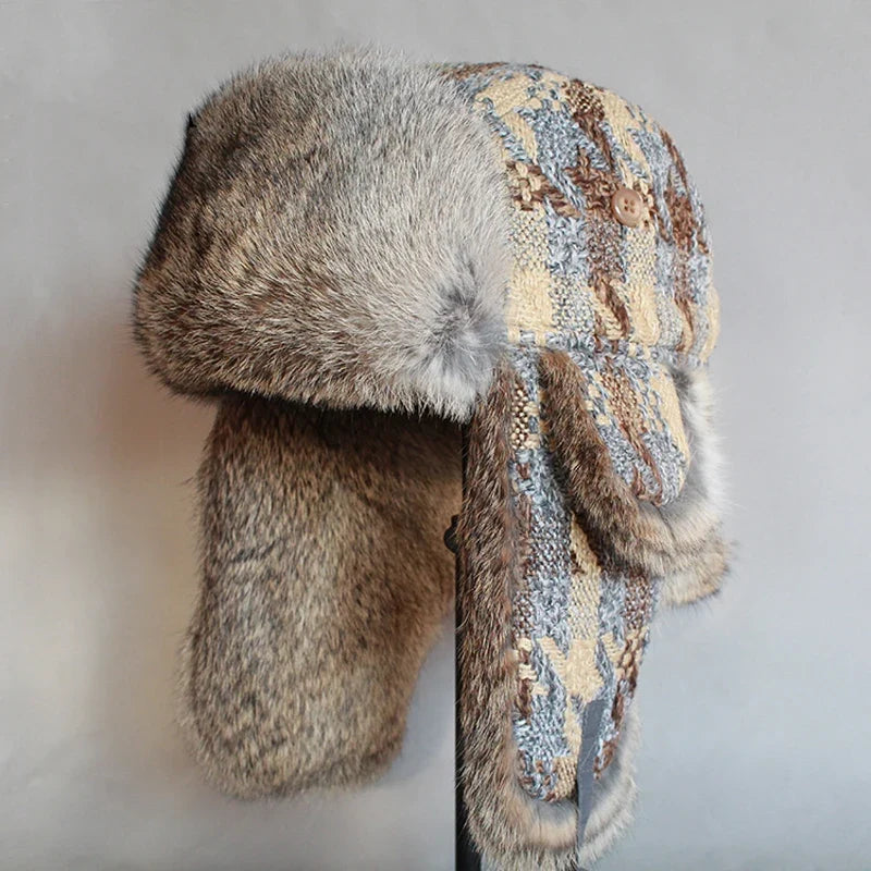 Rabbit Fur Russian Bomber Hat Women WinterTrapper Snow Cap  Earflap Ushanka