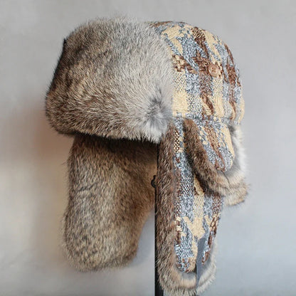 Rabbit Fur Russian Bomber Hat Women WinterTrapper Snow Cap  Earflap Ushanka