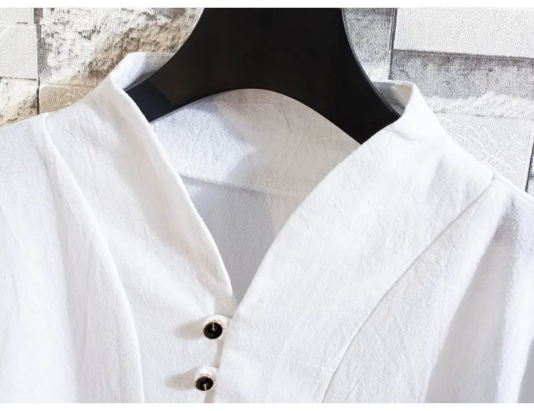 (Shirt + trousers) 2025 summer men shirt Man Cotton and linen shirts Short sleeve men's casual shirts men A set of clothes M-5XL