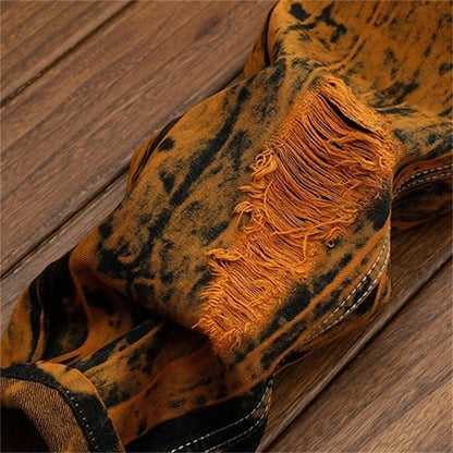 3D Black Patch Brown Jeans Men's High Street Pure Cotton Frayed Hole Fishing Net Decoration Elastic Comfortable Pants New