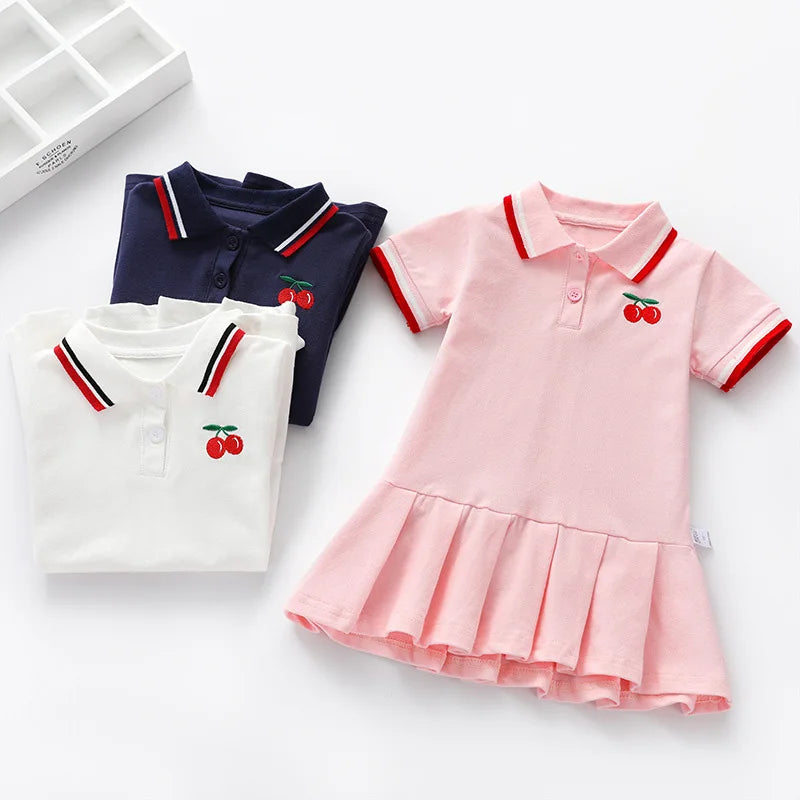Girls Summer Dress New Children's Polo Pleated Dress Short Sleeve College Style Dresses WT26