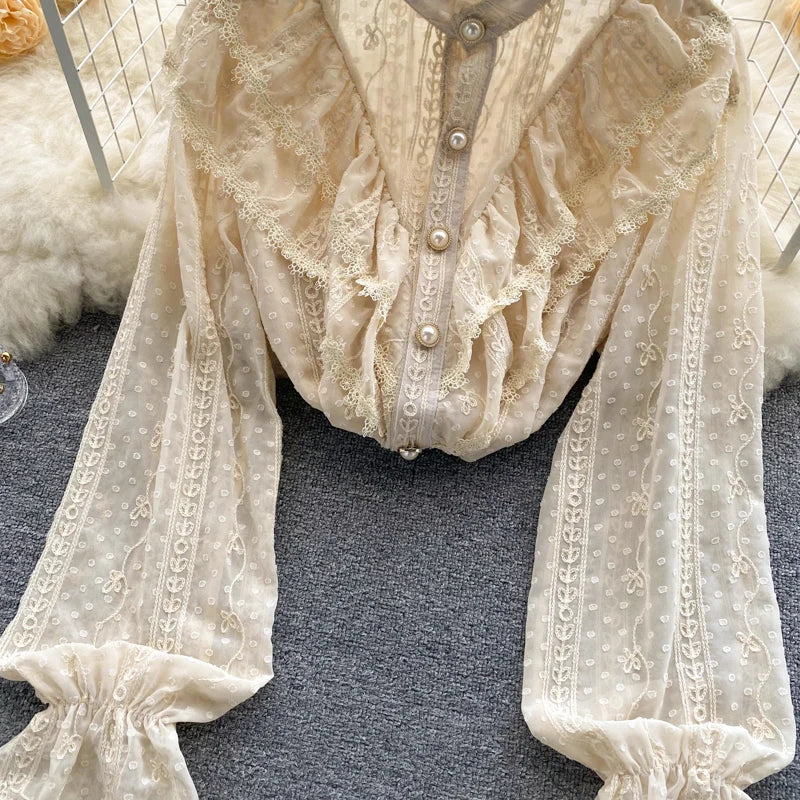 Elegant French Blouse Women Temperament Sweet Ruffles Loose Casual Tops Spring Long Sleeve Streetwear White Shirts