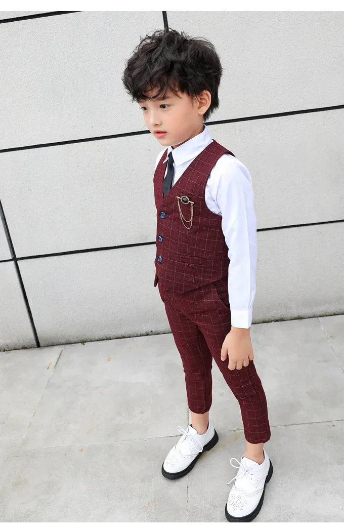 Boy Plaid Vest Blazer Kids Waistcoat Wedding Clothes Set Toddler Formal Dress Suit Child Brooch Shirt Pant Baby Gentlemen Outfit