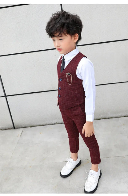 Boy Plaid Vest Blazer Kids Waistcoat Wedding Clothes Set Toddler Formal Dress Suit Child Brooch Shirt Pant Baby Gentlemen Outfit