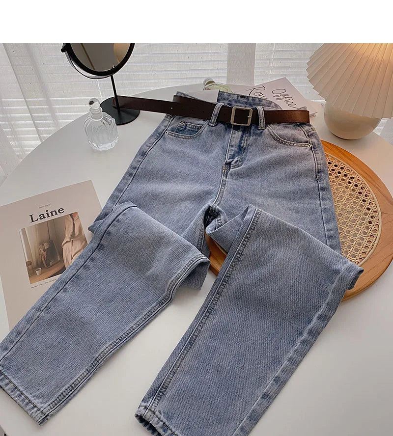 Straight Jeans Women with Belt Vintage Basic Blue Ankle-length Denim Pants Boyfriend Gray Jeans Korean 2021