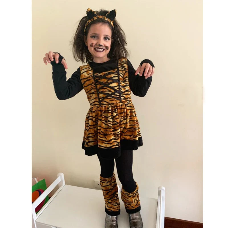 Cute Cartoon Animal Cosplay Girls Tiger Leopard Dress Halloween costume for Girl Christmas Carnival Outfit Headband