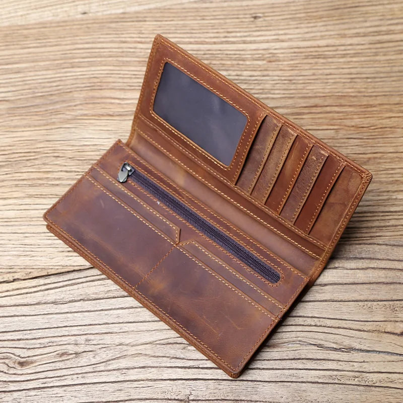 Vintage Leather Men's Wallet Mad Horse Leather Long Cell Phone Bag First Layer Cowhide Multi-card ID Bag