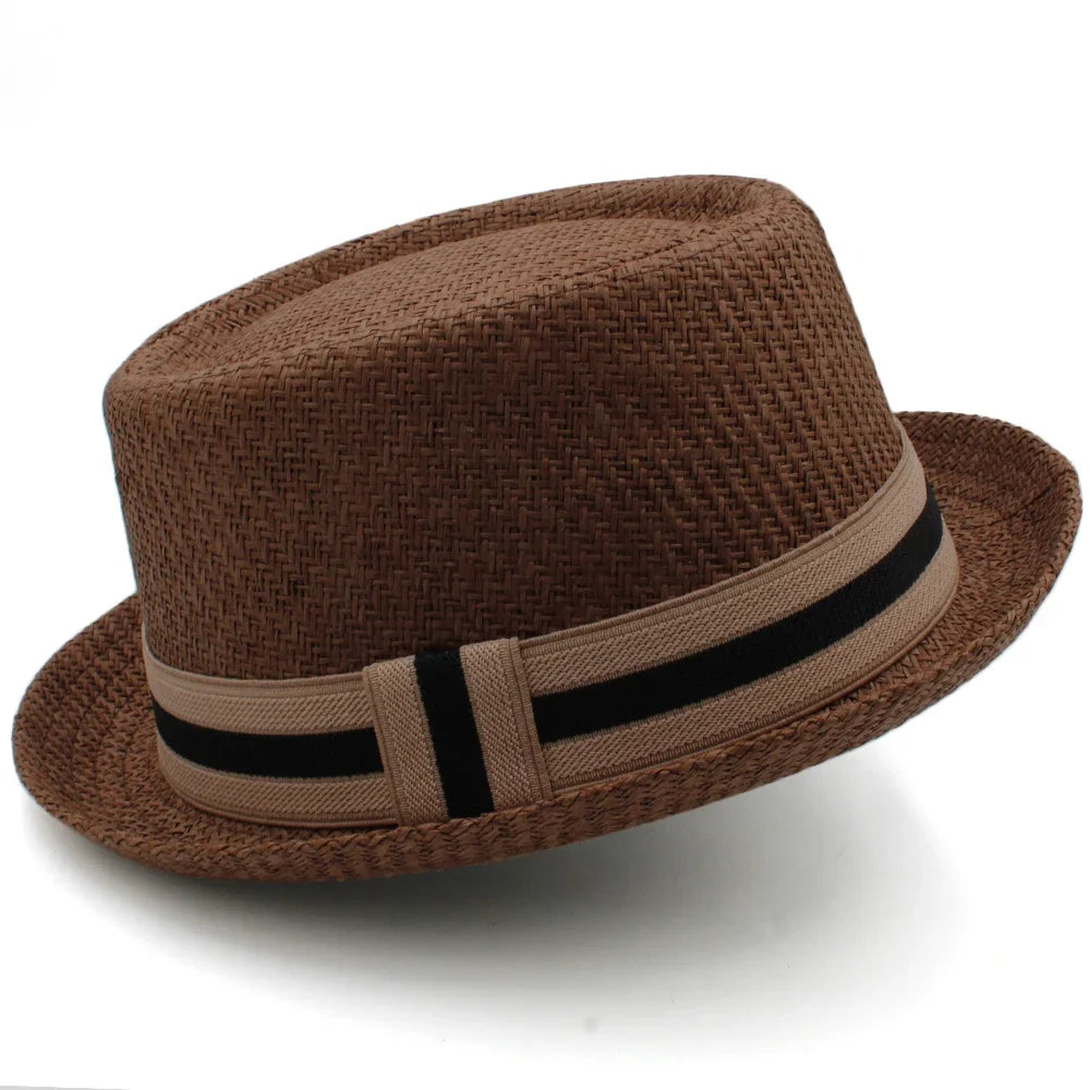 Men Women Classical Straw Pork Pie Hats Fedora Sunhats Trilby Caps Summer Boater Beach Outdoor Travel Party Size US 7 1/4 UK L
