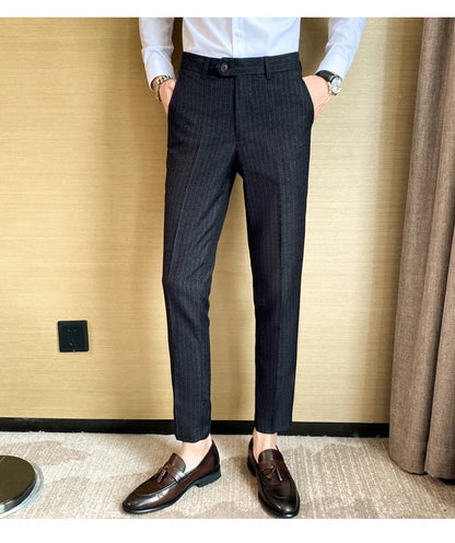 Boutique Classic Plaid and Striped Fashion Men's Casual Business Slim Suit Pants Groom Wedding Dress Trousers Party
