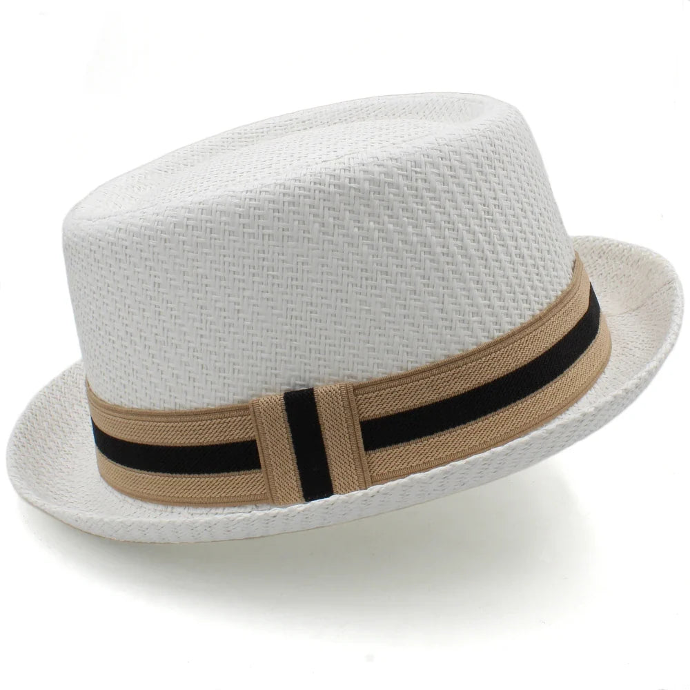 Men Women Classical Straw Pork Pie Hats Fedora Sunhats Trilby Caps Summer Boater Beach Outdoor Travel Party Size US 7 1/4 UK L