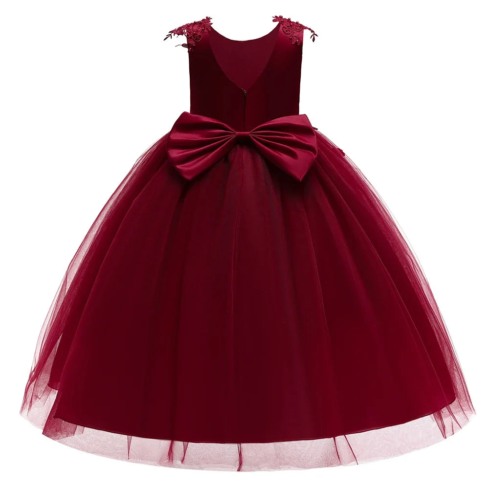 Formal Tulle Flower Bridesmaid Girls Dress Vestido White Wedding Princess Prom Kids Party Dresses For Girls Bow Birthday Costume