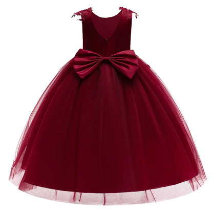 Formal Tulle Flower Bridesmaid Girls Dress Vestido White Wedding Princess Prom Kids Party Dresses For Girls Bow Birthday Costume