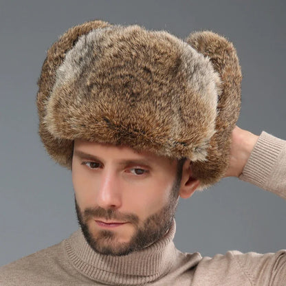 Thick Warm Trapper Hat Men Real Rabbit Fur Earflap Russian Cap Male Plus Size Winter Hats for Men Ski Russian Hat