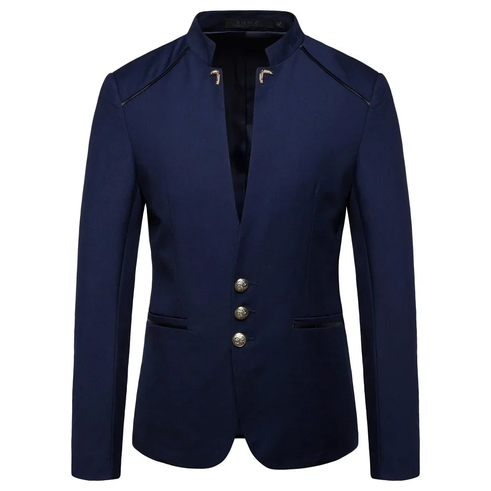 Men's Black Stand Up Collar Blazer Coat, Wedding Party Dress Jacket, Asia Sizes Slim-Fit Single Breasted Jaqueta, Blue Red Tops.