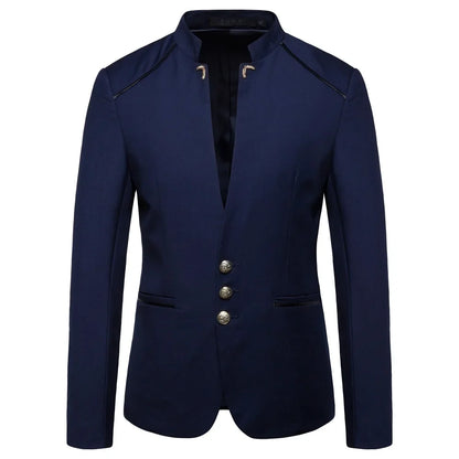 Men's Black Stand Up Collar Blazer Coat, Wedding Party Dress Jacket, Asia Sizes Slim-Fit Single Breasted Jaqueta, Blue Red Tops.