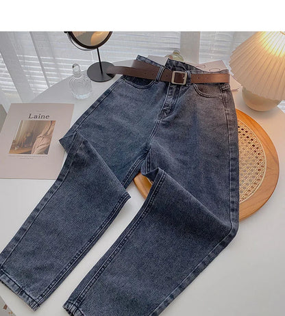 Straight Jeans Women with Belt Vintage Basic Blue Ankle-length Denim Pants Boyfriend Gray Jeans Korean 2021