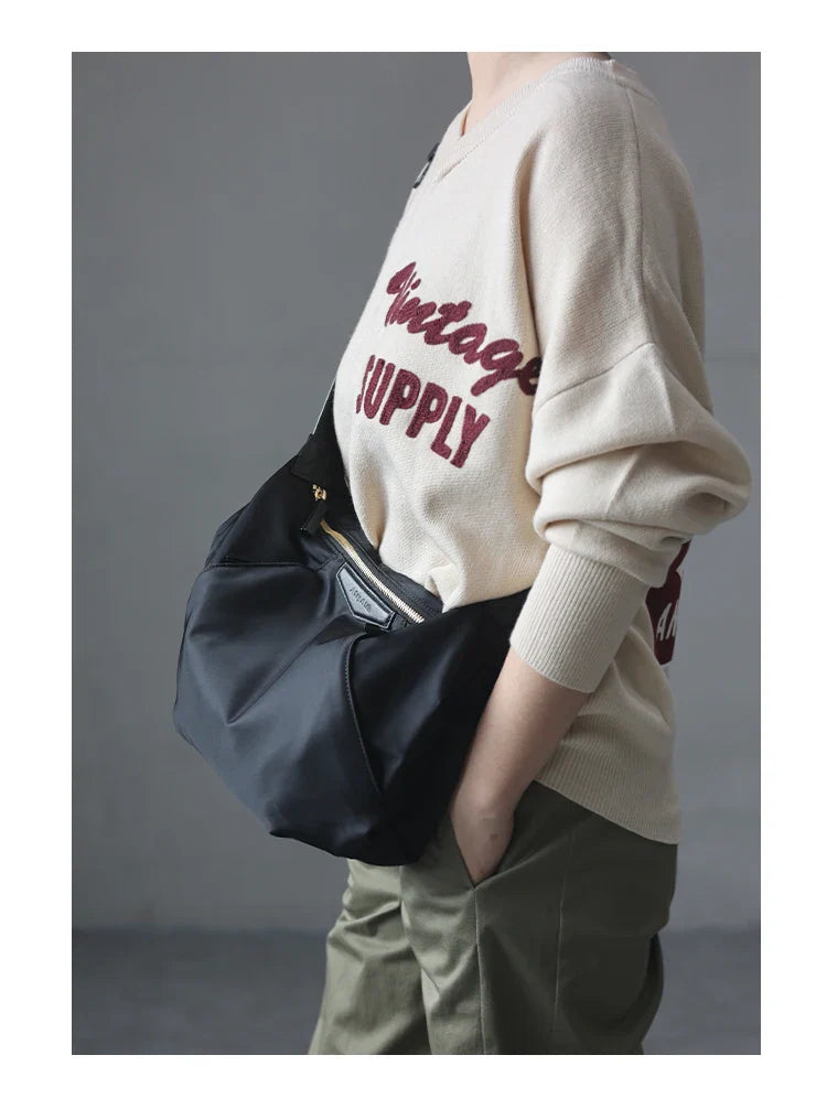 Lightweight Nylon Matching Genuine Leather Crossbody Bag High Quality Single Shoulder Bags Fashion Pleated Messenger Purses