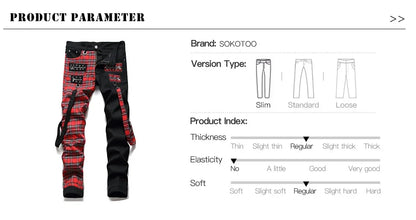 Men Punk Jeans Trendy Scotland Plaid Tartan Black Denim Pants Streetwear Rivet Patchwork Spliced Slim Straight Trousers