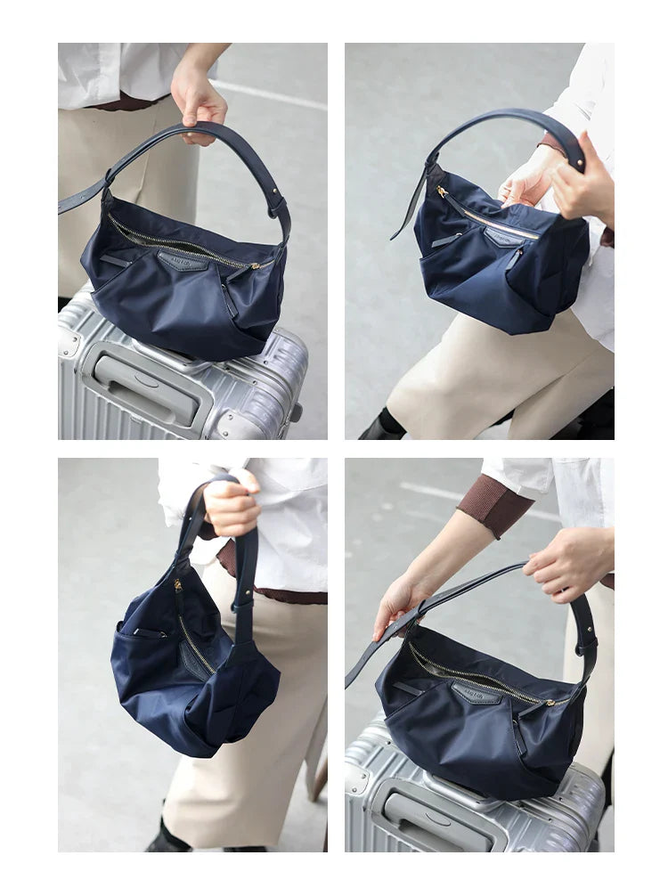 Lightweight Nylon Matching Genuine Leather Crossbody Bag High Quality Single Shoulder Bags Fashion Pleated Messenger Purses