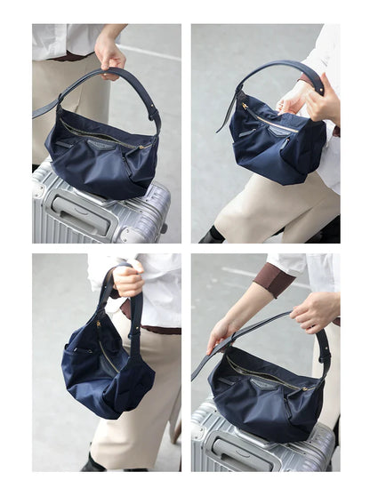 Lightweight Nylon Matching Genuine Leather Crossbody Bag High Quality Single Shoulder Bags Fashion Pleated Messenger Purses