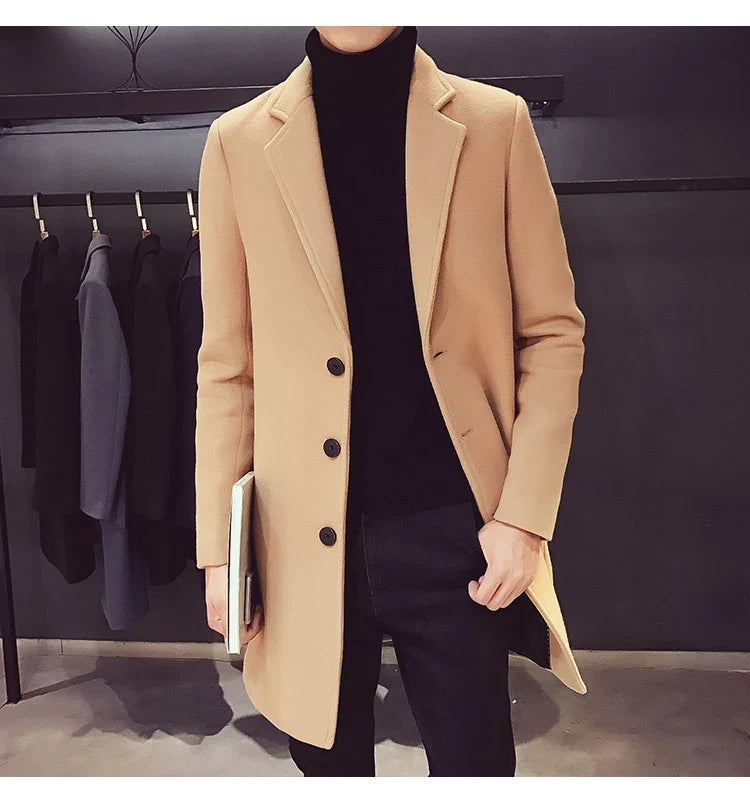 Men Long Cotton Coat 2025 Autumn Winter Wool Blend Pure Color Business Casual Slim Fit Windbreaker Jacket Fashion Men Clothing