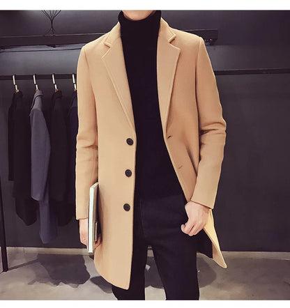 Men Long Cotton Coat 2025 Autumn Winter Wool Blend Pure Color Business Casual Slim Fit Windbreaker Jacket Fashion Men Clothing