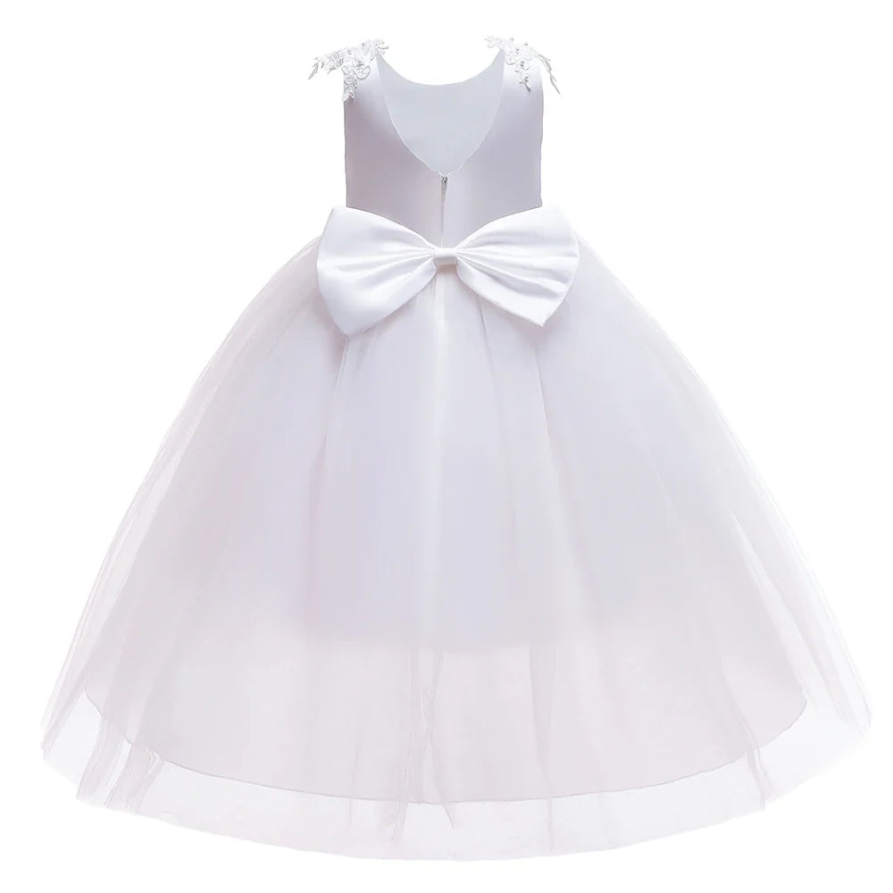 Formal Tulle Flower Bridesmaid Girls Dress Vestido White Wedding Princess Prom Kids Party Dresses For Girls Bow Birthday Costume