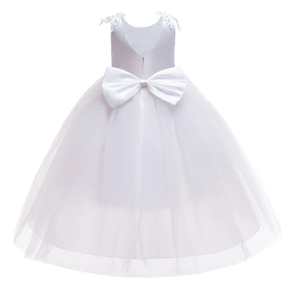 Formal Tulle Flower Bridesmaid Girls Dress Vestido White Wedding Princess Prom Kids Party Dresses For Girls Bow Birthday Costume