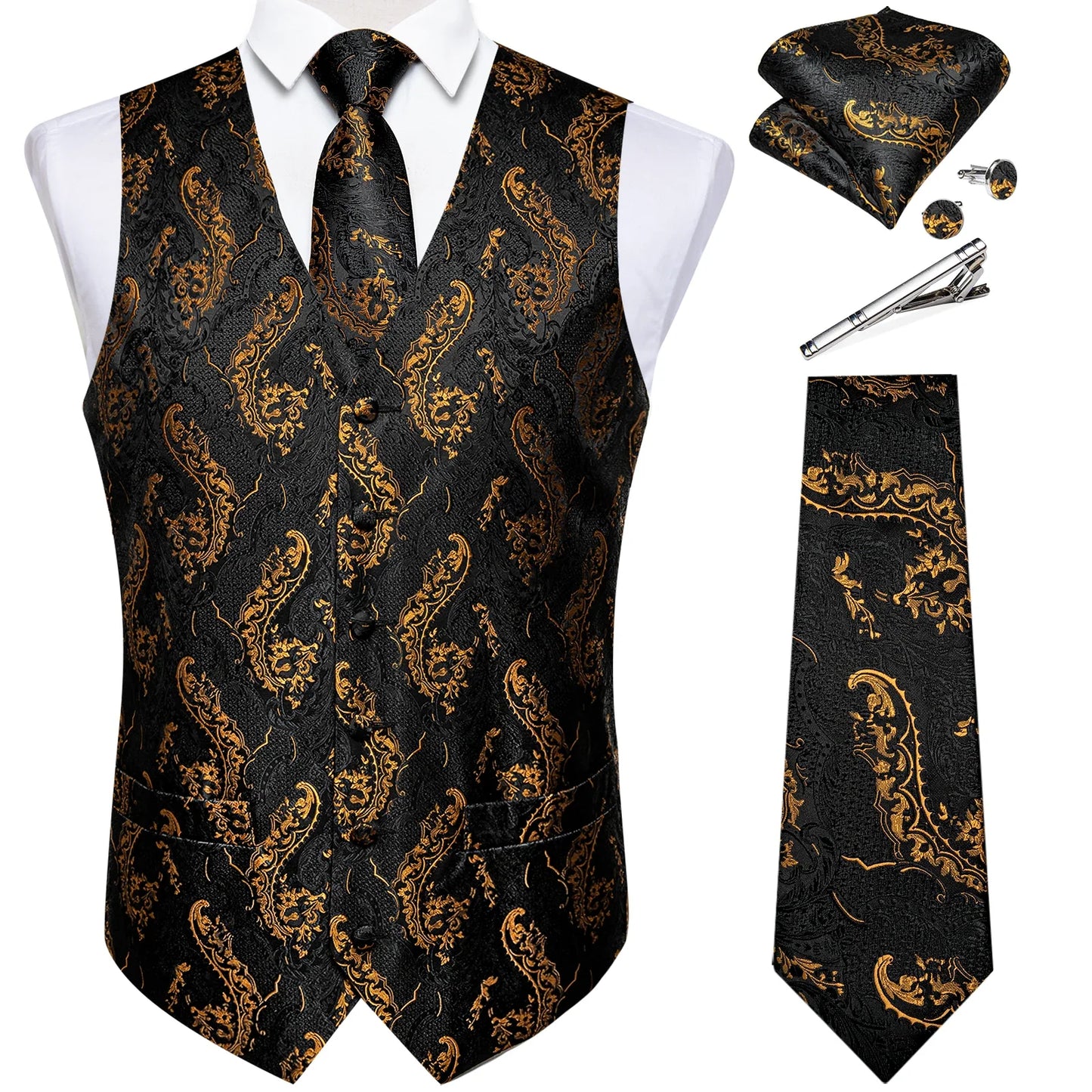 Classic Black Wedding Vest for Men Suit Vest Tie Ring Cufflinks Hanky Set for Party Formal Dress Business Casual Waistcoat