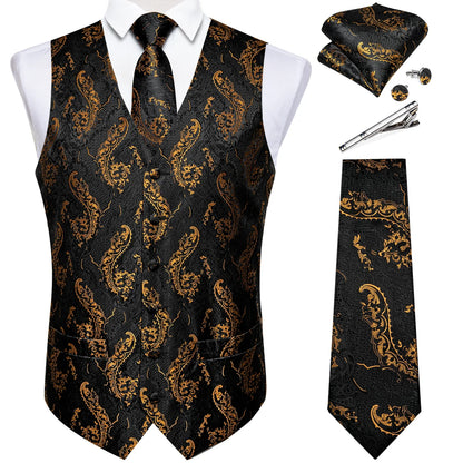 Classic Black Wedding Vest for Men Suit Vest Tie Ring Cufflinks Hanky Set for Party Formal Dress Business Casual Waistcoat