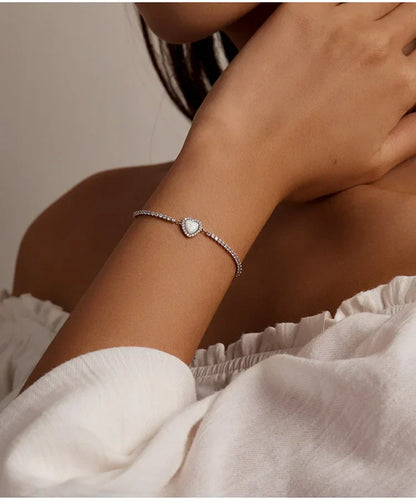 Authentic 925 Sterling Silver Opal Heart-Shaped Pendant Bracelet Fit Women Sterling Silver Jewelry Gift