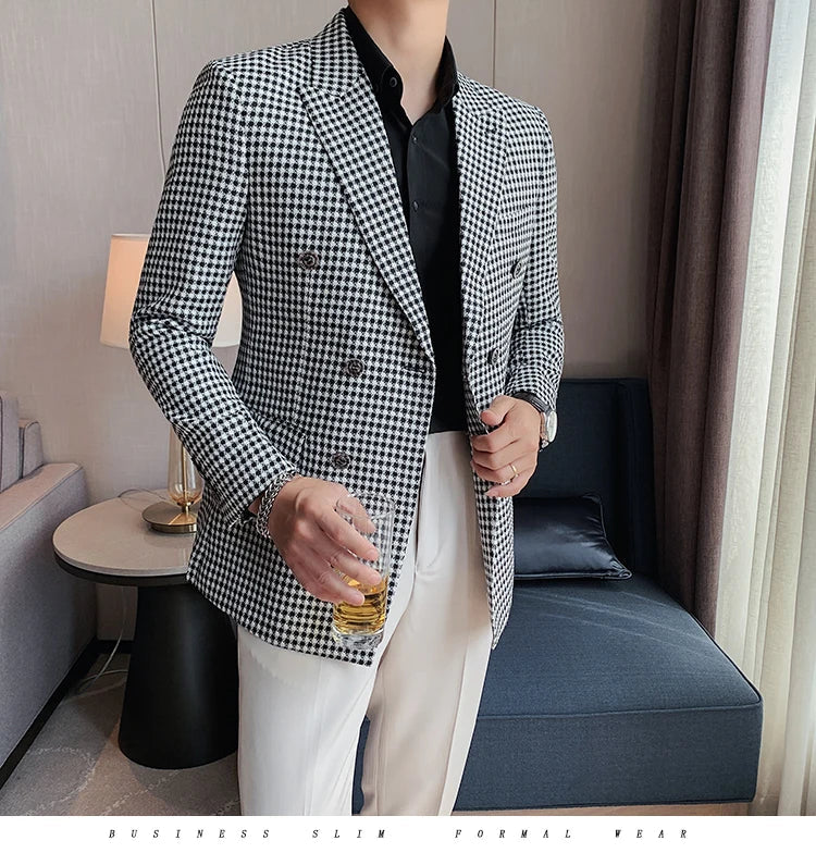 British Style Slim Fit Houndstooth Blazer For Men 2023 Fashion Double Breasted Business Office Wedding Dress Suit Jacket