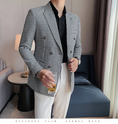 British Style Slim Fit Houndstooth Blazer For Men 2023 Fashion Double Breasted Business Office Wedding Dress Suit Jacket