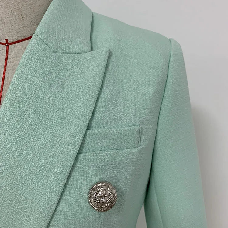 HIGH STREET 2026 Classic Baroque Designer Jacket Women's Metal Lion Buttons Double Breasted Textured Blazer Mint Green