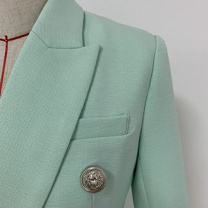 HIGH STREET 2026 Classic Baroque Designer Jacket Women's Metal Lion Buttons Double Breasted Textured Blazer Mint Green
