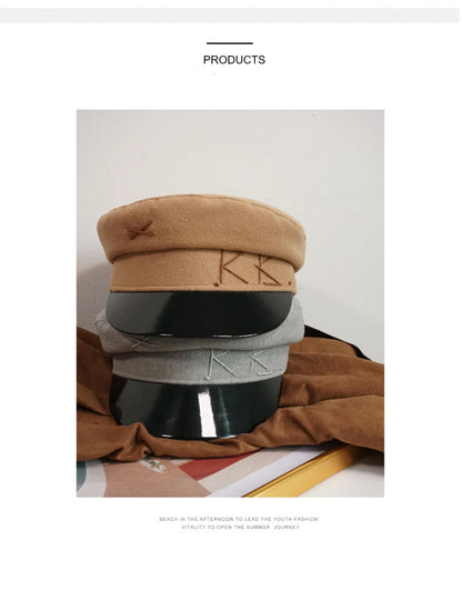 Winter caps women newsboy caps Thick warm  letter embroidery wool cap  S M L plaid patchwork militray caps