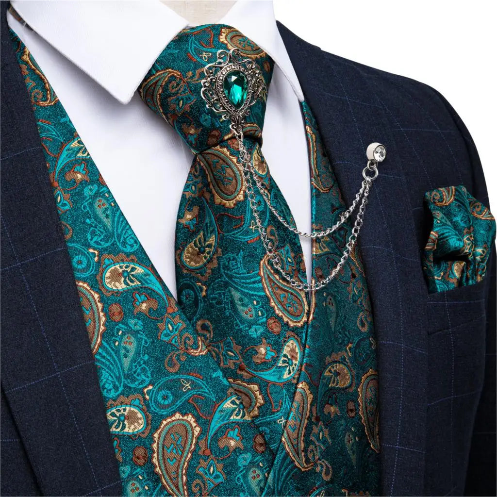 New Teal Green Paisley Formal Dress Vest Men's Suit Vest Waistcoat Tie Brooch Pocket Square Set for Tuxedo